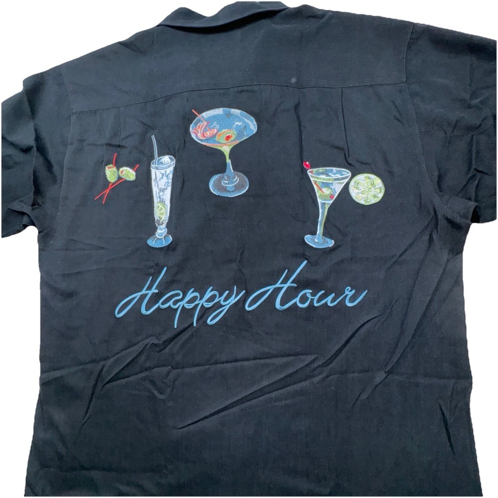 Bobby Chan Mens XL Black 100% Silk Happy Hour Cocktail Embroidered Camp Shirt